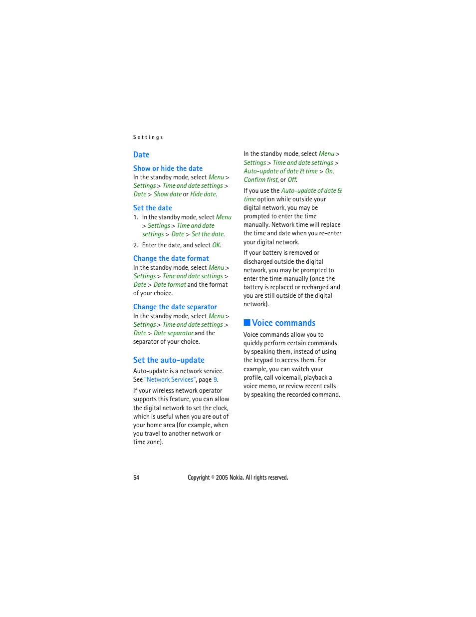 Date, Set the auto-update, Voice commands | Date set the auto-update | Nokia 2116 User Manual | Page 54 / 87