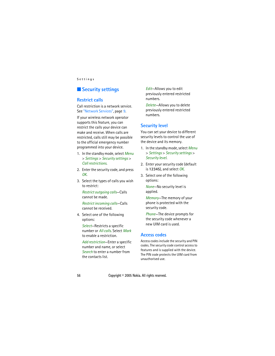 Security settings, Restrict calls, Security level | Access codes, Restrict calls security level access codes | Nokia 2116 User Manual | Page 56 / 87