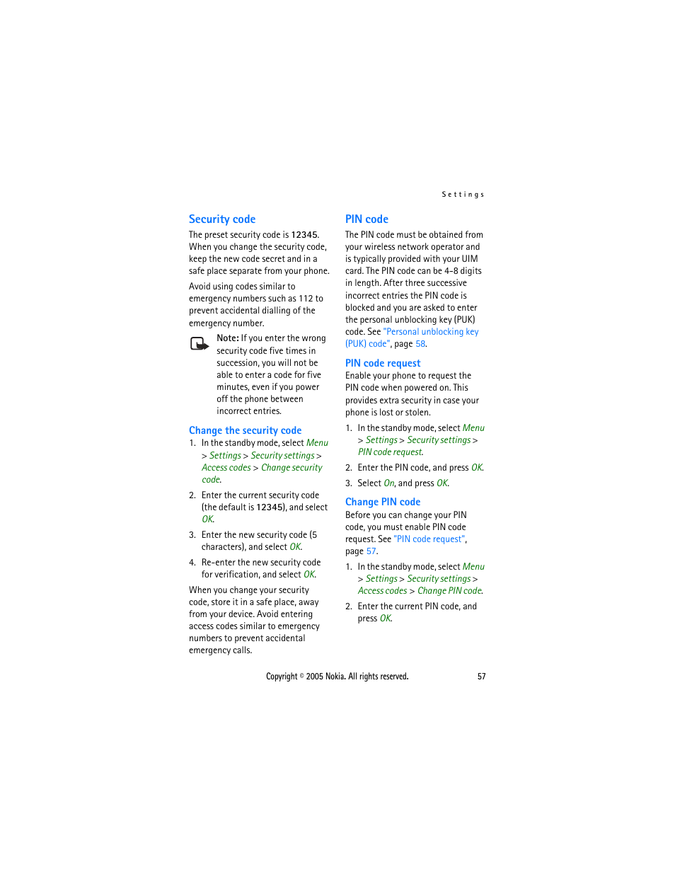 Security code, Pin code, Security code pin code | Nokia 2116 User Manual | Page 57 / 87