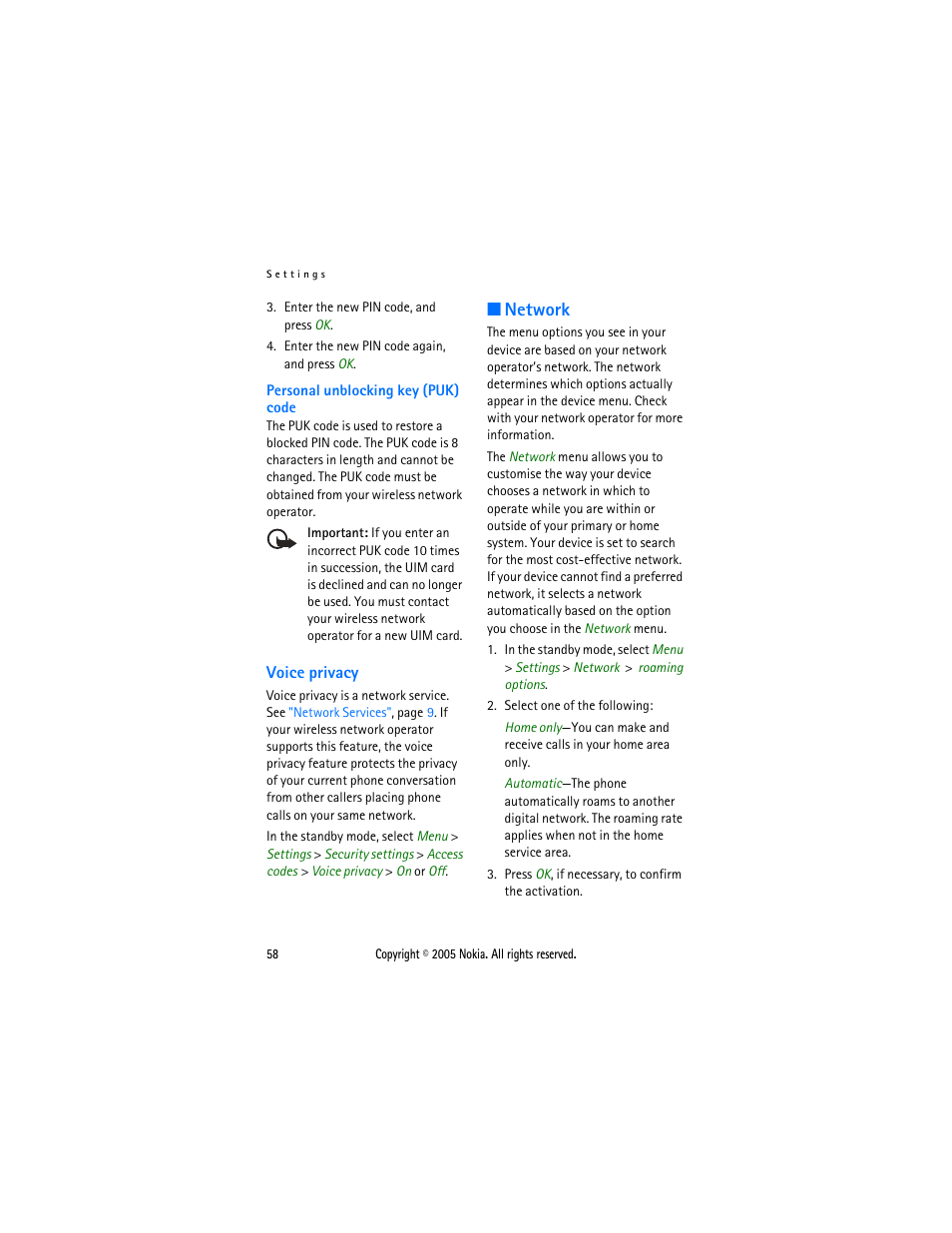 Voice privacy, Network, Personal unblocking key | Puk) code | Nokia 2116 User Manual | Page 58 / 87