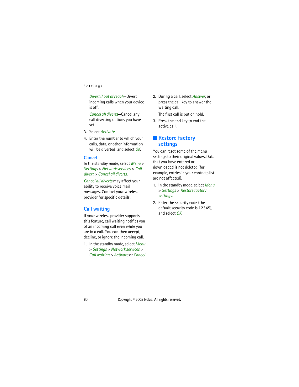 Call waiting, Restore factory settings | Nokia 2116 User Manual | Page 60 / 87