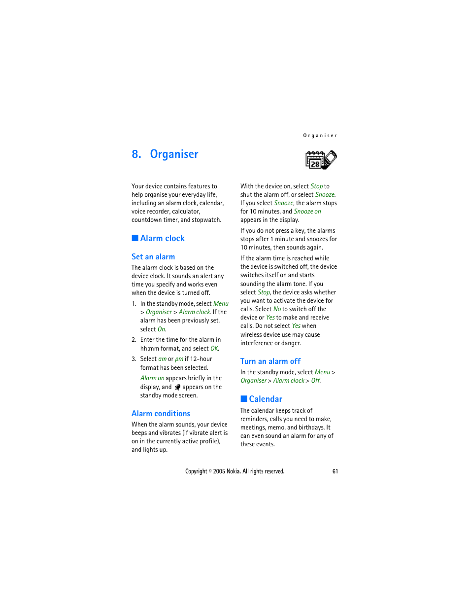 Organiser, Alarm clock, Set an alarm | Alarm conditions, Turn an alarm off, Calendar, Set an alarm alarm conditions turn an alarm off | Nokia 2116 User Manual | Page 61 / 87