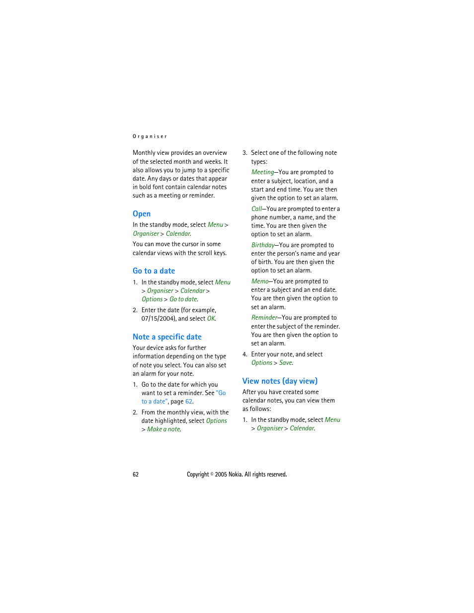 Open, Go to a date, Note a specific date | View notes (day view) | Nokia 2116 User Manual | Page 62 / 87
