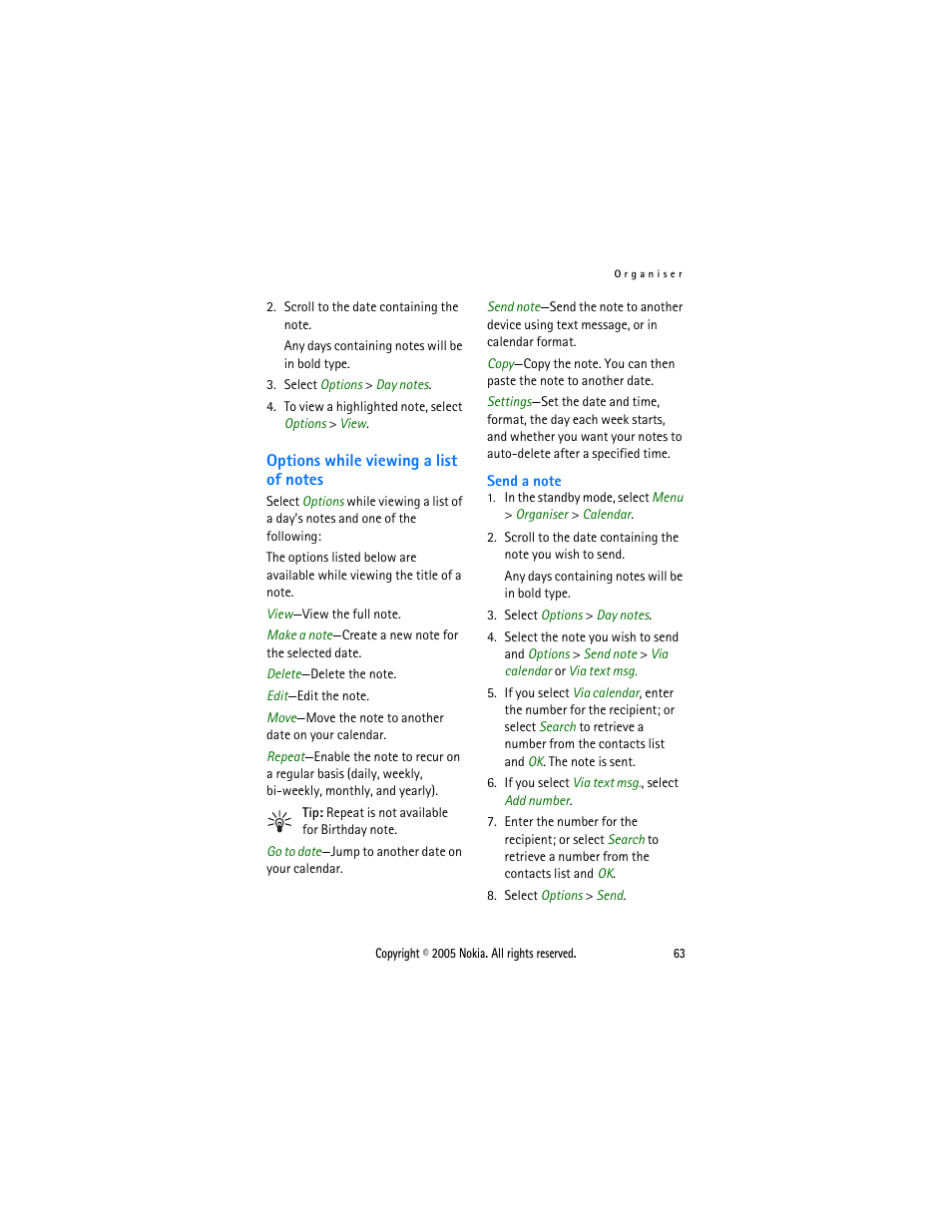Options while viewing a list of notes | Nokia 2116 User Manual | Page 63 / 87