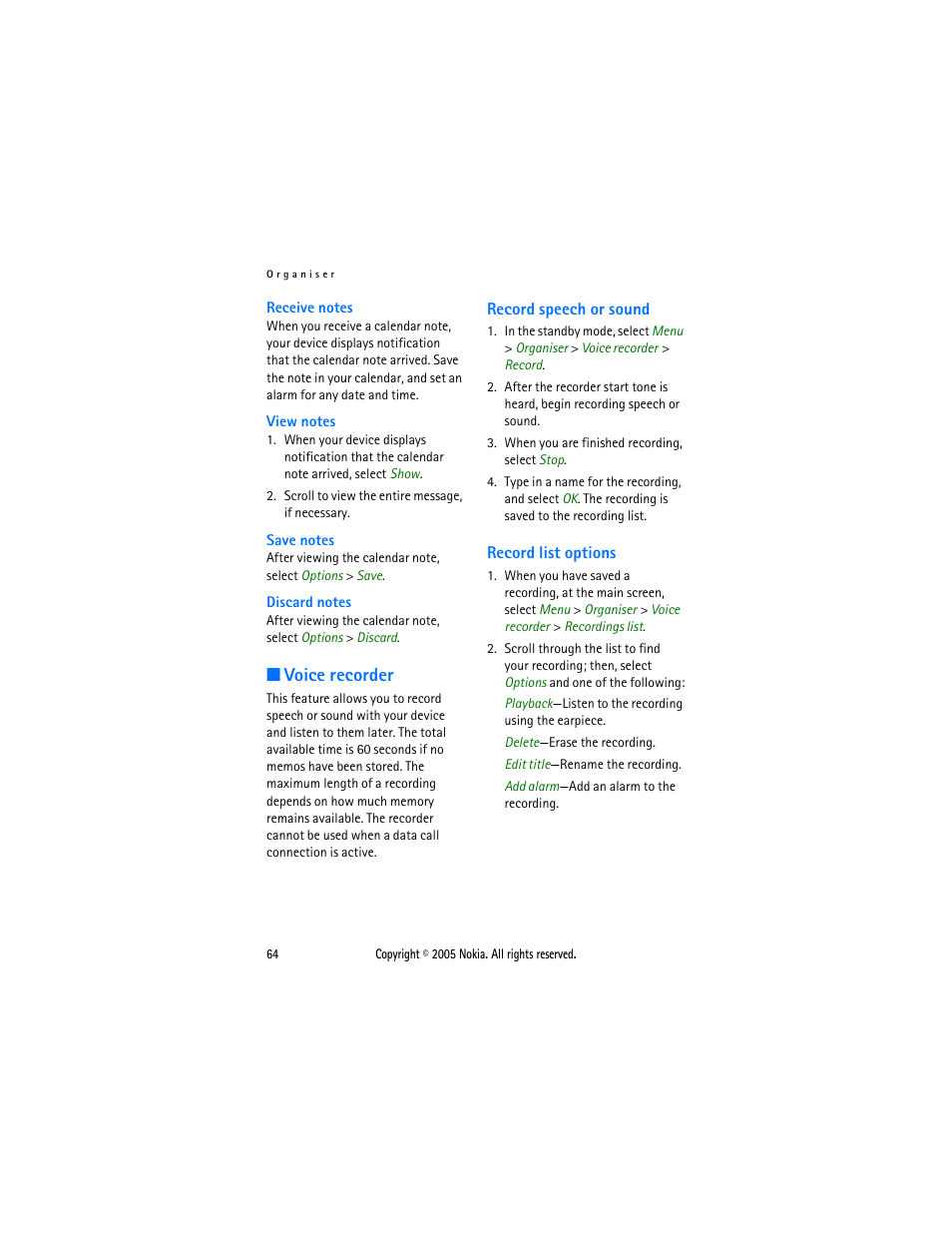 Voice recorder, Record speech or sound, Record list options | Record speech or sound record list options | Nokia 2116 User Manual | Page 64 / 87