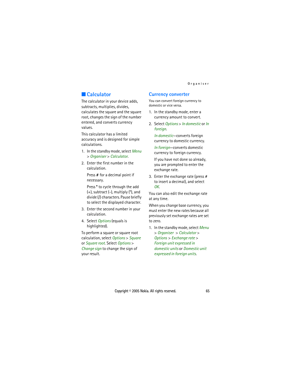 Calculator, Currency converter | Nokia 2116 User Manual | Page 65 / 87