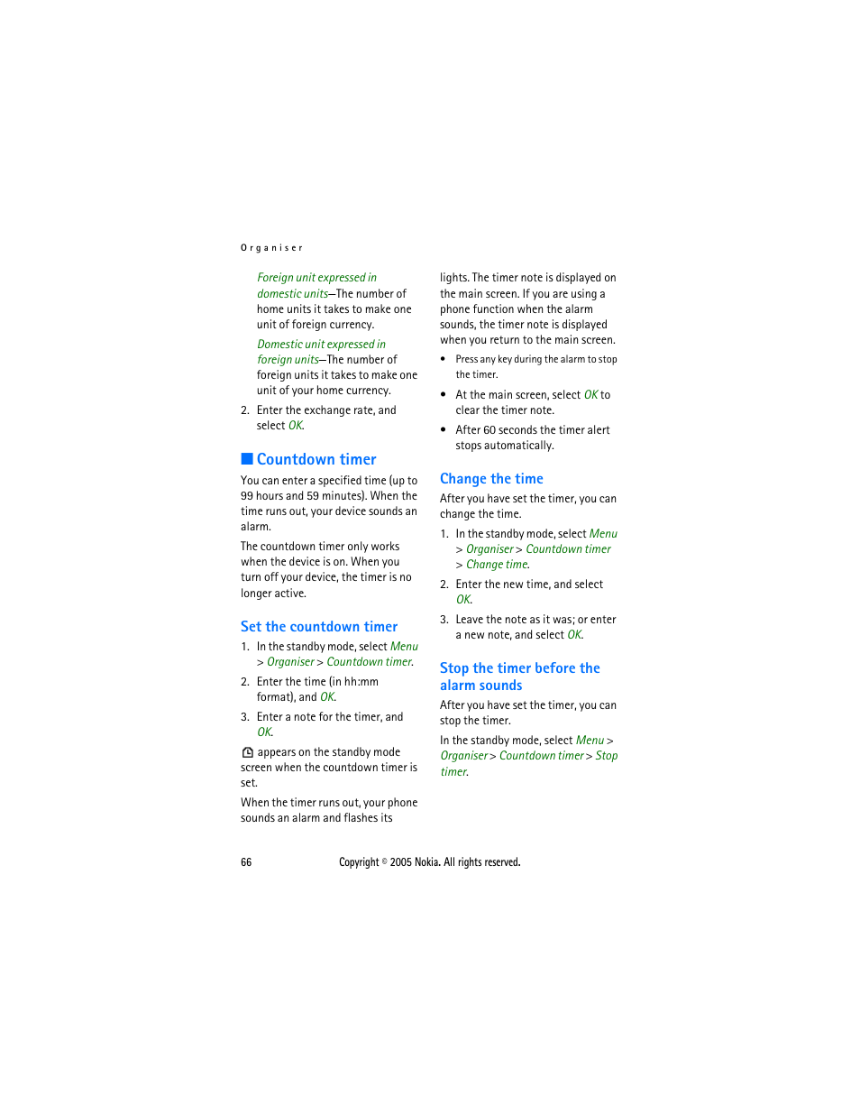 Countdown timer, Set the countdown timer, Change the time | Stop the timer before the alarm sounds, Countdown, Timer | Nokia 2116 User Manual | Page 66 / 87