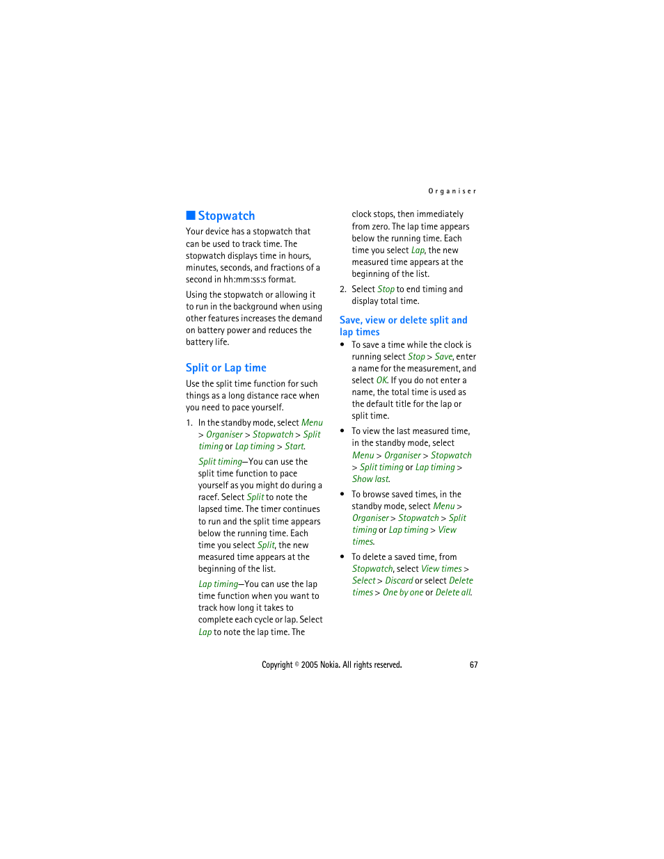 Stopwatch, Split or lap time | Nokia 2116 User Manual | Page 67 / 87