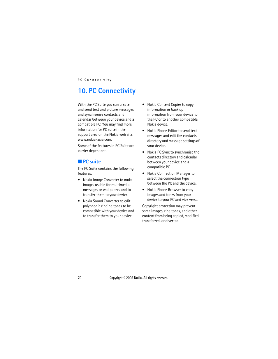 Pc connectivity, Pc suite | Nokia 2116 User Manual | Page 70 / 87