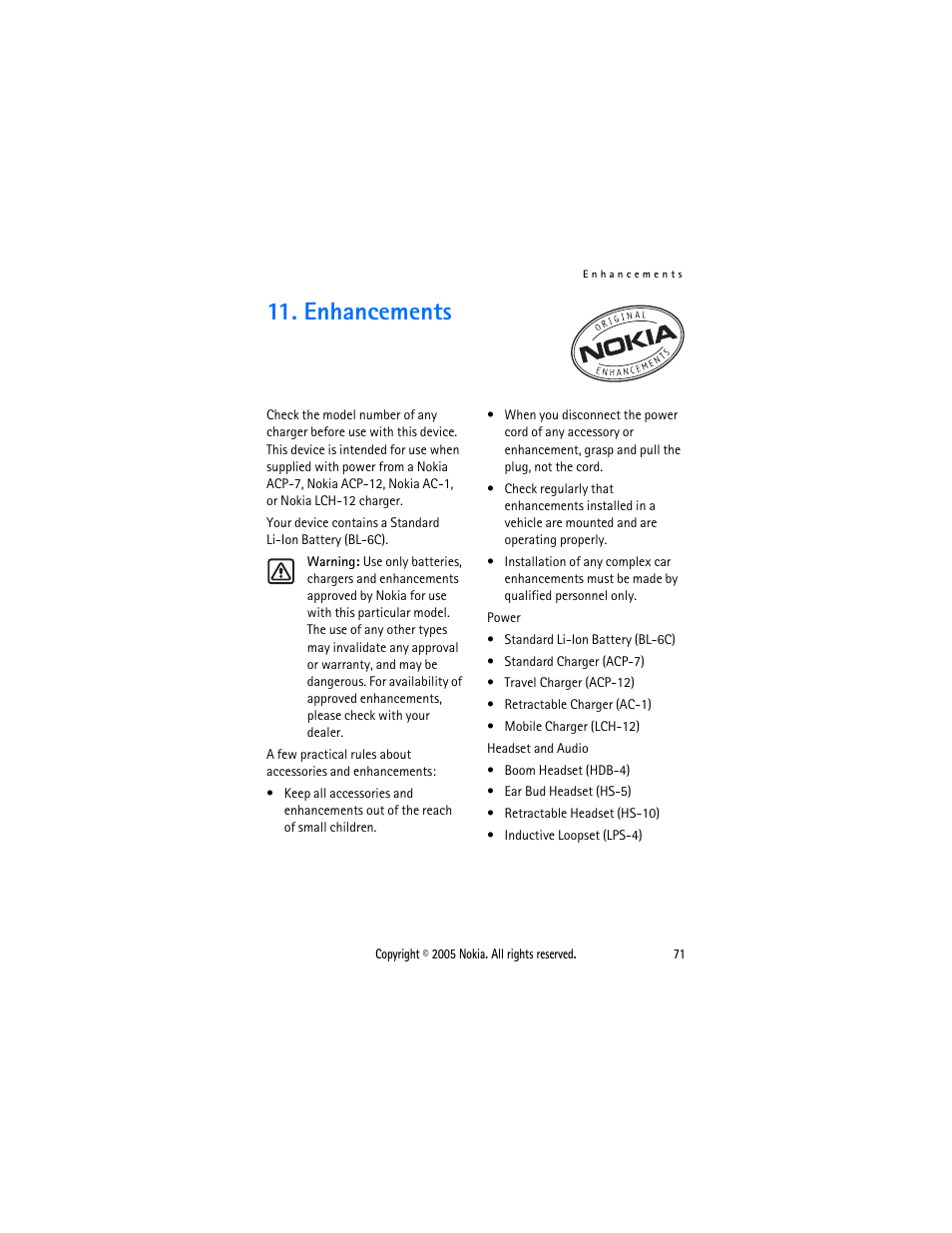 Enhancements | Nokia 2116 User Manual | Page 71 / 87