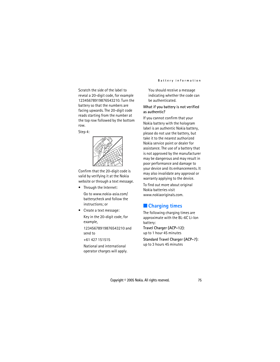Charging times | Nokia 2116 User Manual | Page 75 / 87
