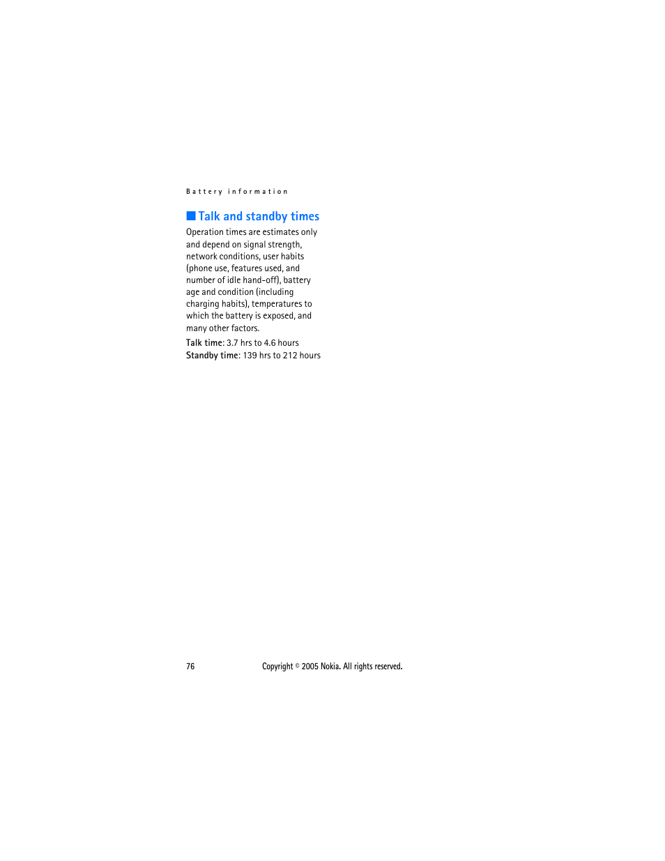 Talk and standby times | Nokia 2116 User Manual | Page 76 / 87