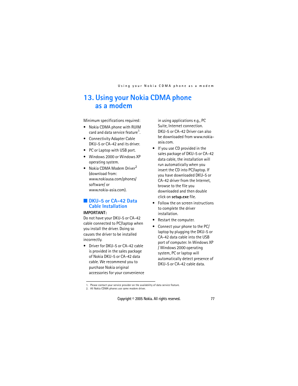 Using your nokia cdma phone as a modem, Dku-5 or ca-42 data cable installation | Nokia 2116 User Manual | Page 77 / 87