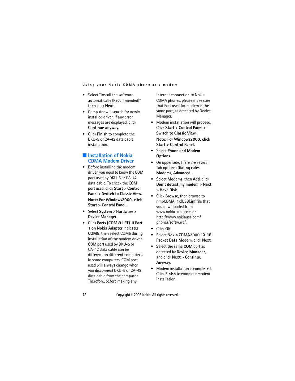 Installation of nokia cdma modem driver | Nokia 2116 User Manual | Page 78 / 87