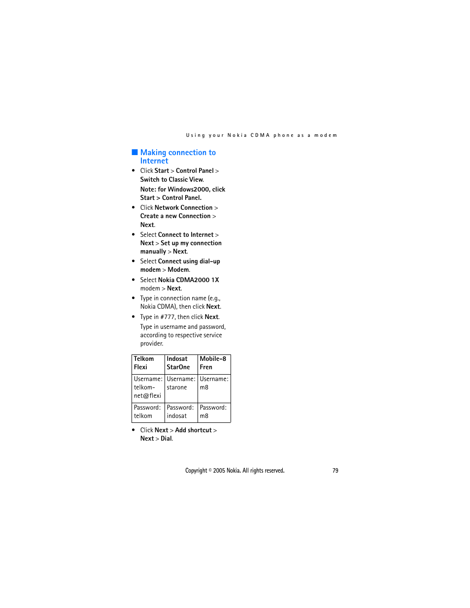 Making connection to internet | Nokia 2116 User Manual | Page 79 / 87