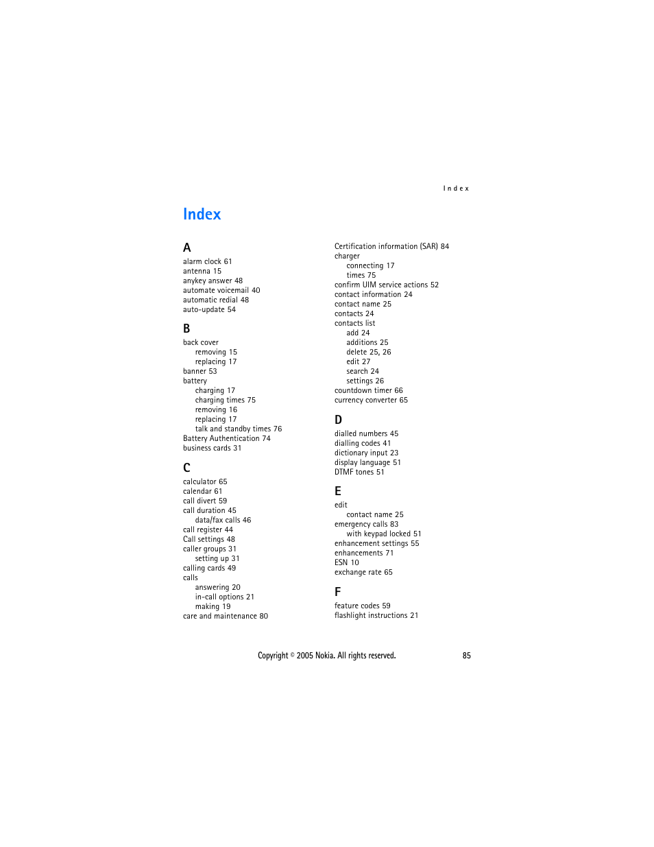 Index | Nokia 2116 User Manual | Page 85 / 87