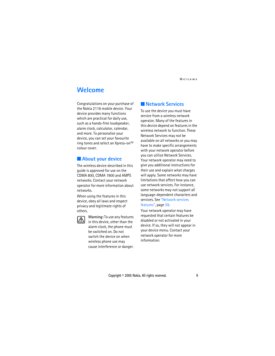 Welcome, About your device, Network services | About your device network services | Nokia 2116 User Manual | Page 9 / 87