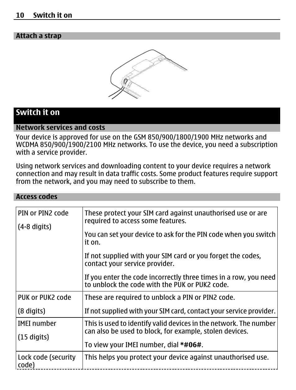 Attach a strap, Switch it on, Network services and costs | Access codes | Nokia X3-02 User Manual | Page 10 / 63