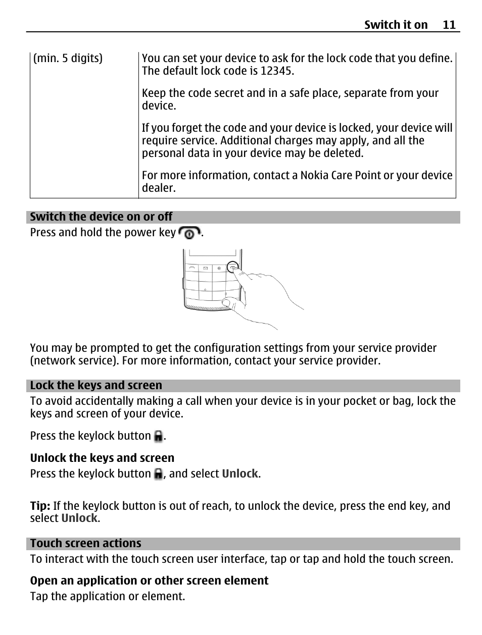 Switch the device on or off, Lock the keys and screen, Touch screen actions | Nokia X3-02 User Manual | Page 11 / 63