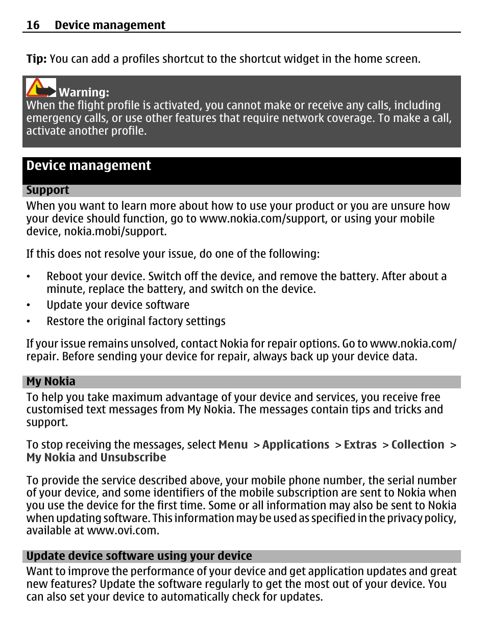 Device management, Support, My nokia | Update device software using your device, Update device software using your, Device | Nokia X3-02 User Manual | Page 16 / 63