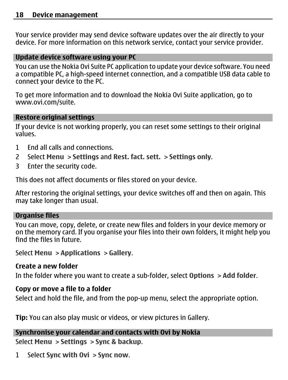 Update device software using your pc, Restore original settings, Organise files | Update device software using your pc 18, Synchronise your calendar and, Contacts with ovi by nokia | Nokia X3-02 User Manual | Page 18 / 63