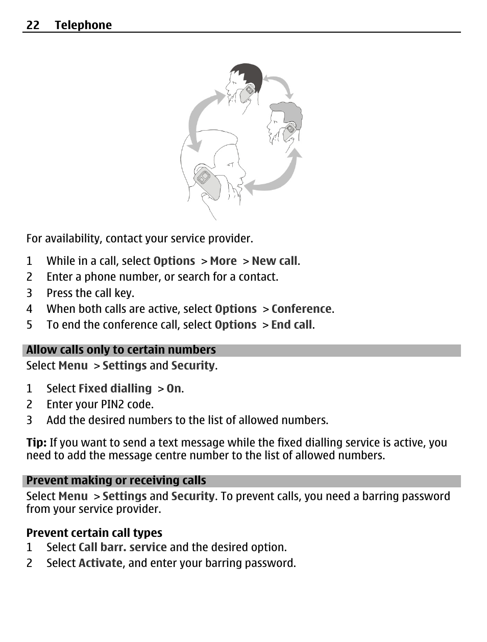 Allow calls only to certain numbers, Prevent making or receiving calls | Nokia X3-02 User Manual | Page 22 / 63