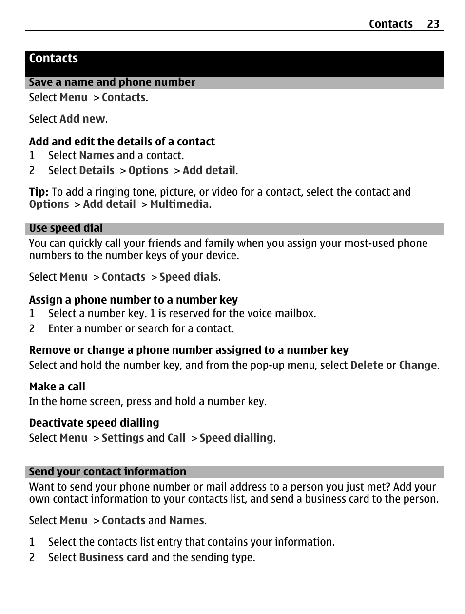 Contacts, Save a name and phone number, Use speed dial | Send your contact information | Nokia X3-02 User Manual | Page 23 / 63
