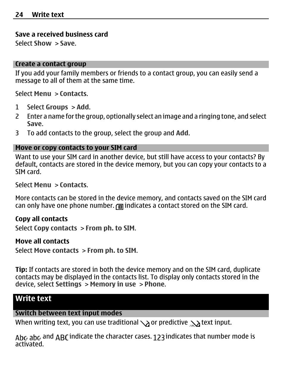 Create a contact group, Move or copy contacts to your sim card, Write text | Switch between text input modes, Move or copy contacts to your sim, Card | Nokia X3-02 User Manual | Page 24 / 63