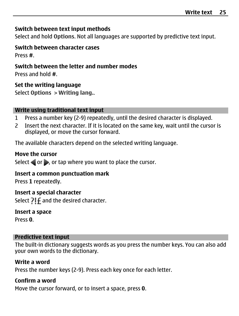 Write using traditional text input, Predictive text input | Nokia X3-02 User Manual | Page 25 / 63