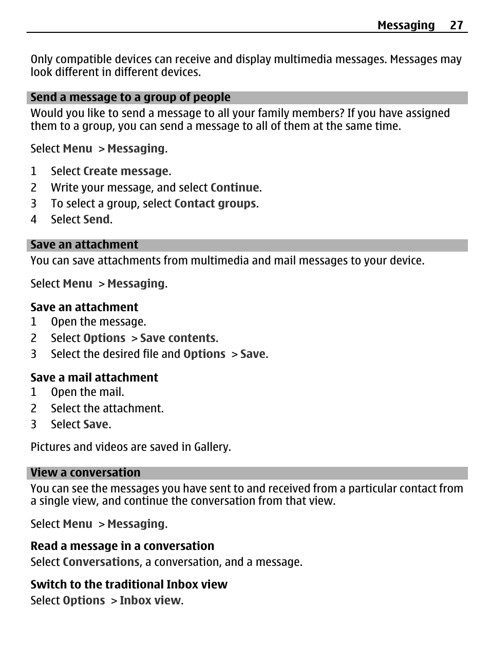 Send a message to a group of people, Save an attachment, View a conversation | Send a message to a group of people 27 | Nokia X3-02 User Manual | Page 27 / 63