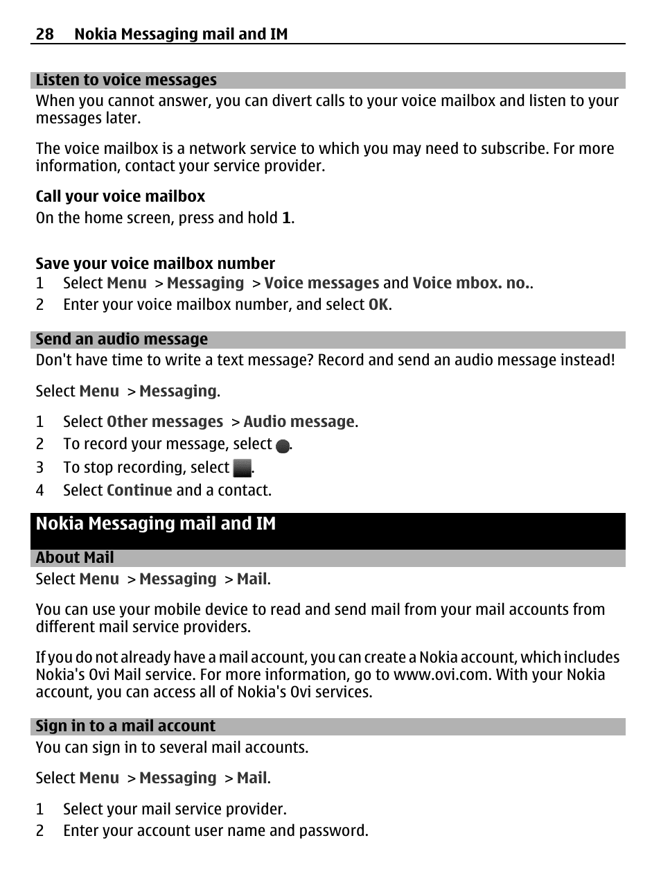 Listen to voice messages, Send an audio message, Nokia messaging mail and im | About mail, Sign in to a mail account | Nokia X3-02 User Manual | Page 28 / 63
