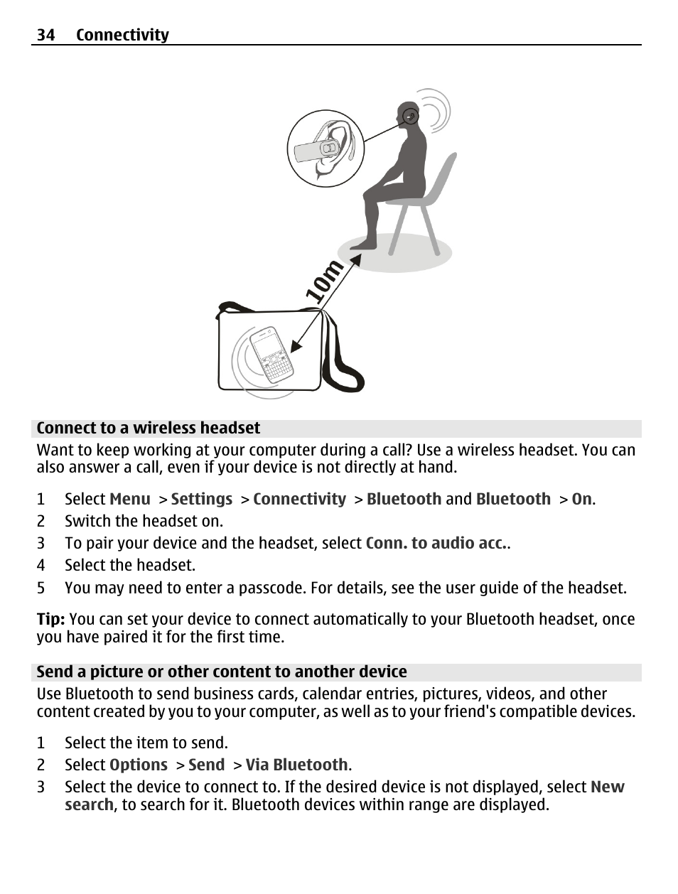 Connect to a wireless headset, Send a picture or other content to another device | Nokia X3-02 User Manual | Page 34 / 63