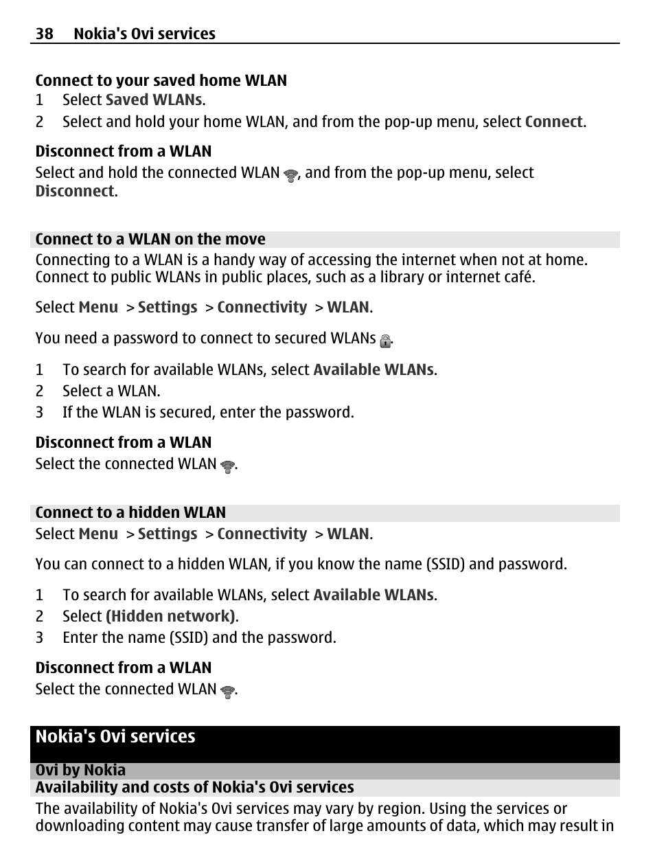 Connect to a wlan on the move, Connect to a hidden wlan, Nokia's ovi services | Ovi by nokia, Availability and costs of nokia's ovi services | Nokia X3-02 User Manual | Page 38 / 63