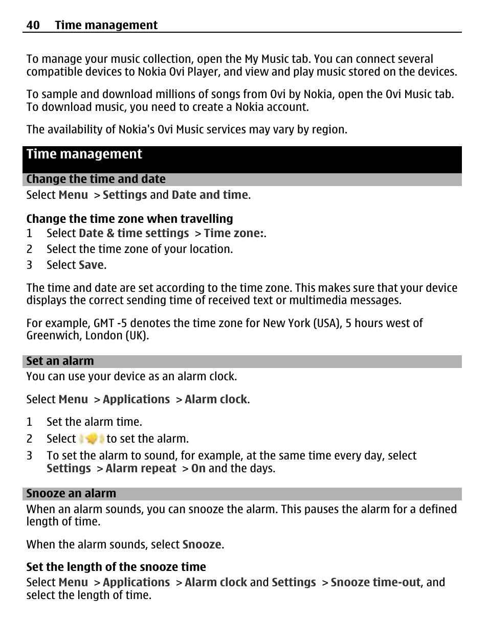 Time management, Change the time and date, Set an alarm | Snooze an alarm | Nokia X3-02 User Manual | Page 40 / 63