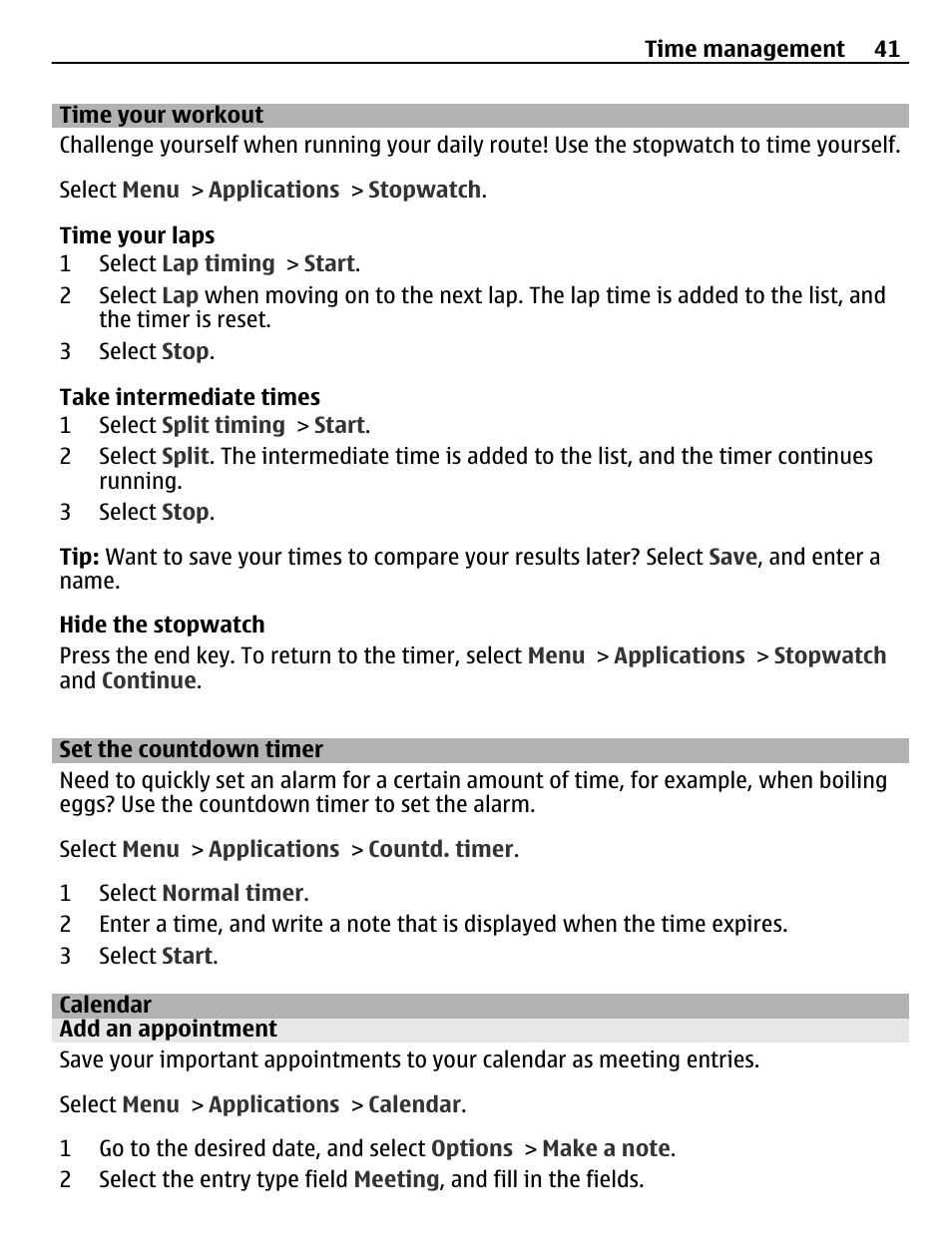 Time your workout, Set the countdown timer, Calendar | Add an appointment | Nokia X3-02 User Manual | Page 41 / 63