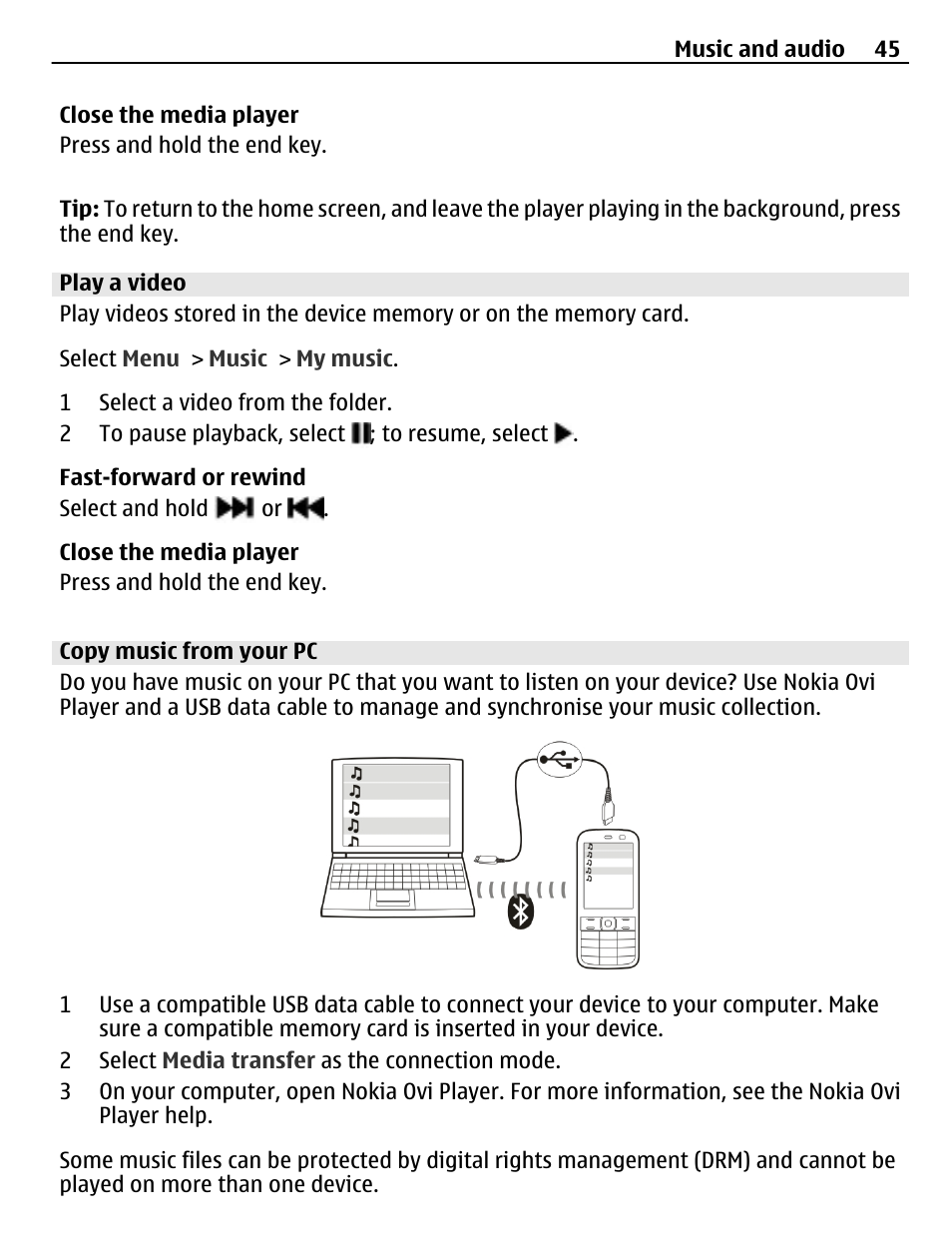 Play a video, Copy music from your pc | Nokia X3-02 User Manual | Page 45 / 63