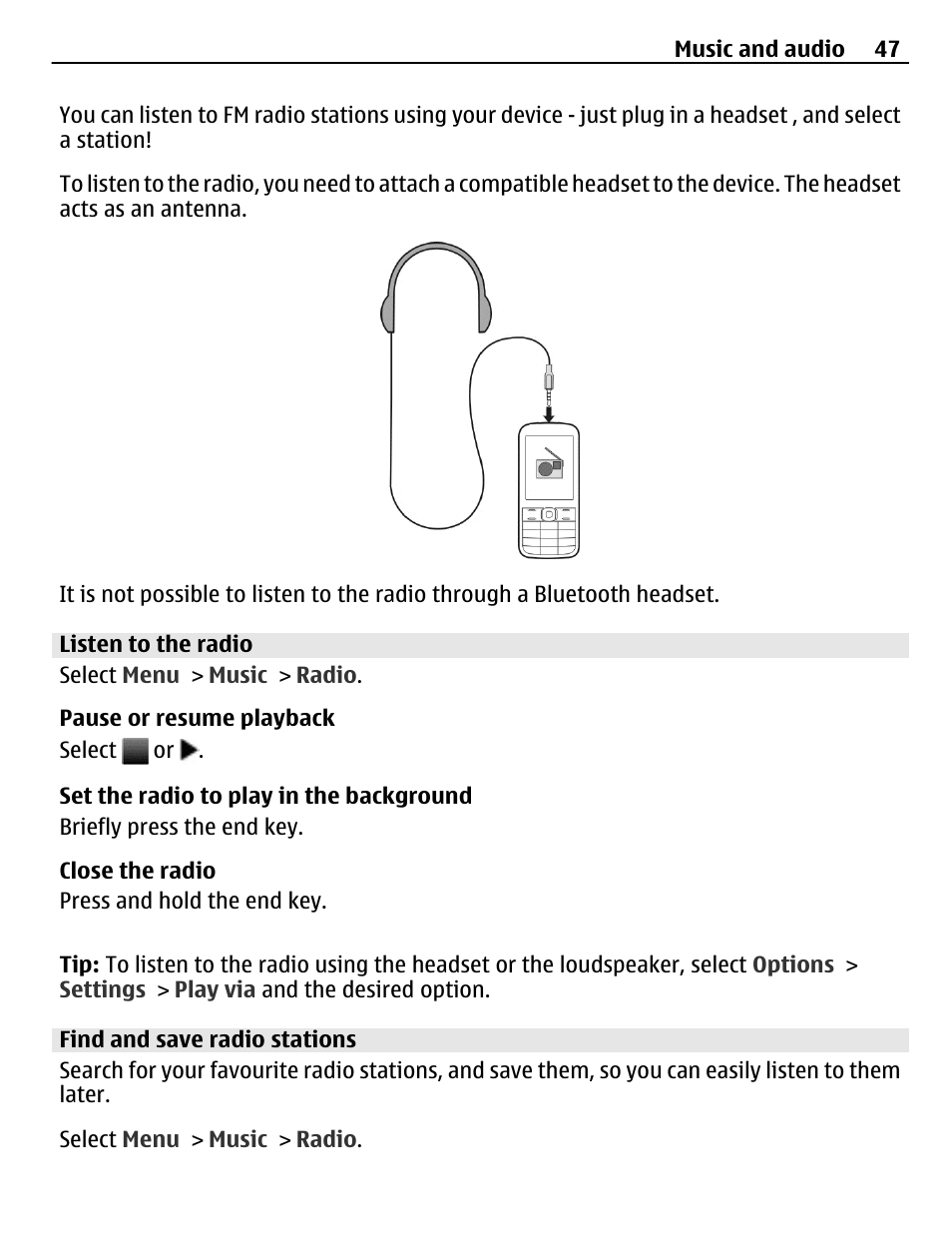 Listen to the radio, Find and save radio stations | Nokia X3-02 User Manual | Page 47 / 63