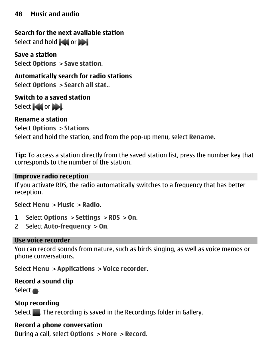 Improve radio reception, Use voice recorder | Nokia X3-02 User Manual | Page 48 / 63