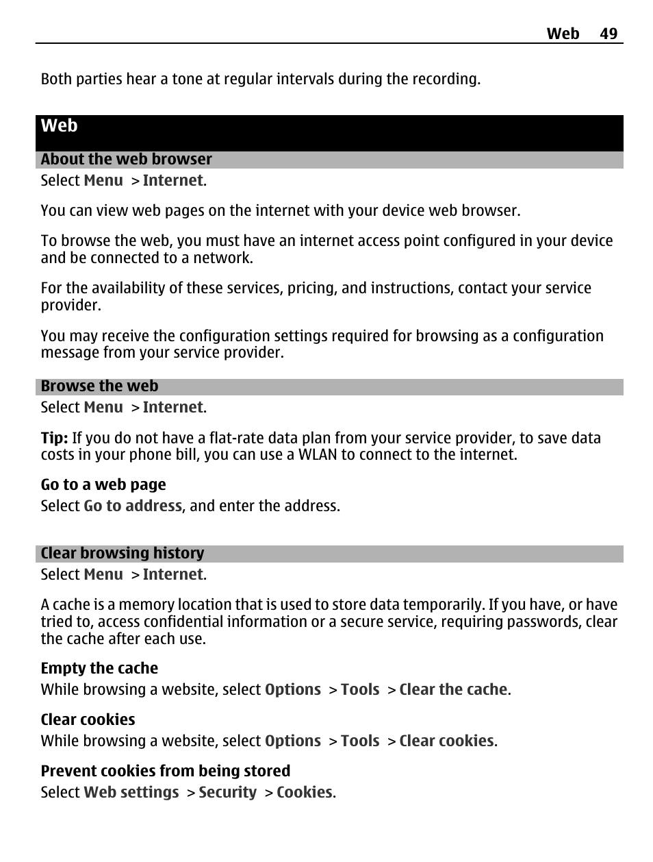 About the web browser, Browse the web, Clear browsing history | Web 49 | Nokia X3-02 User Manual | Page 49 / 63