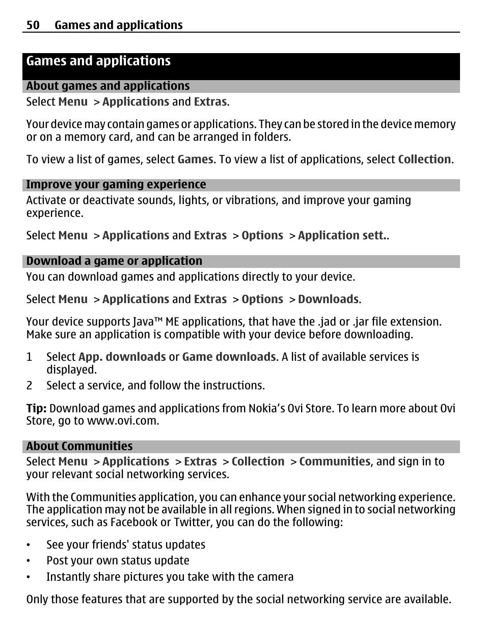 Games and applications, About games and applications, Improve your gaming experience | Download a game or application, About communities | Nokia X3-02 User Manual | Page 50 / 63