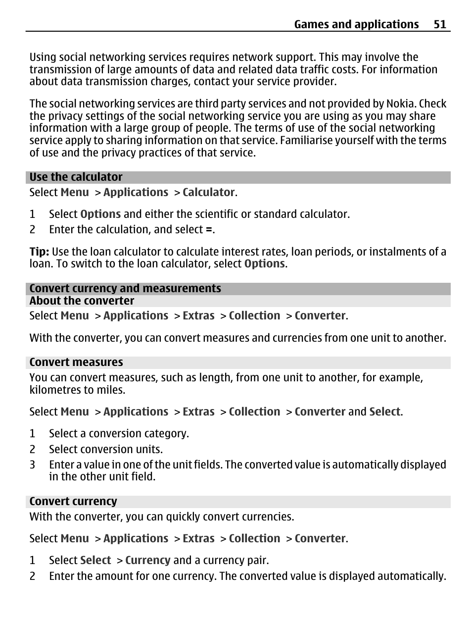 Use the calculator, Convert currency and measurements, About the converter | Convert measures, Convert currency, Convert currency and measurements 51 | Nokia X3-02 User Manual | Page 51 / 63