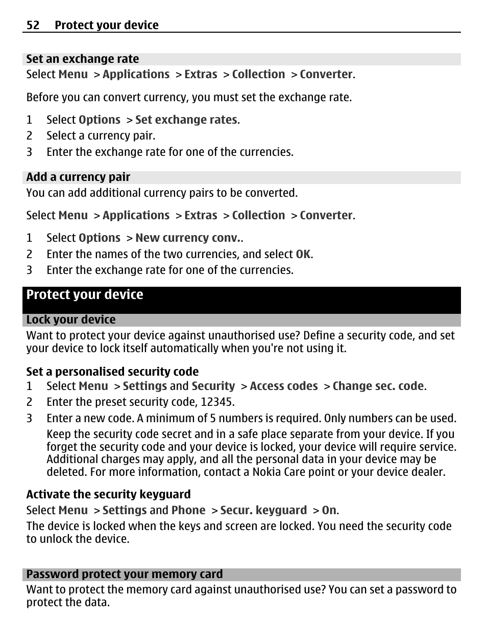 Set an exchange rate, Add a currency pair, Protect your device | Lock your device, Password protect your memory card, Password protect your memory card 52 | Nokia X3-02 User Manual | Page 52 / 63