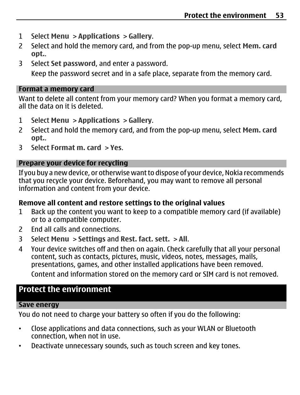 Format a memory card, Prepare your device for recycling, Protect the environment | Save energy | Nokia X3-02 User Manual | Page 53 / 63