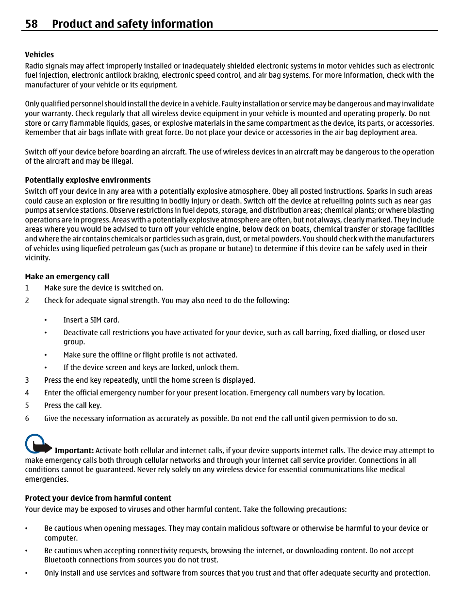 Vehicles, Potentially explosive environments, Make an emergency call | Protect your device from harmful content, 58 product and safety information | Nokia X3-02 User Manual | Page 58 / 63