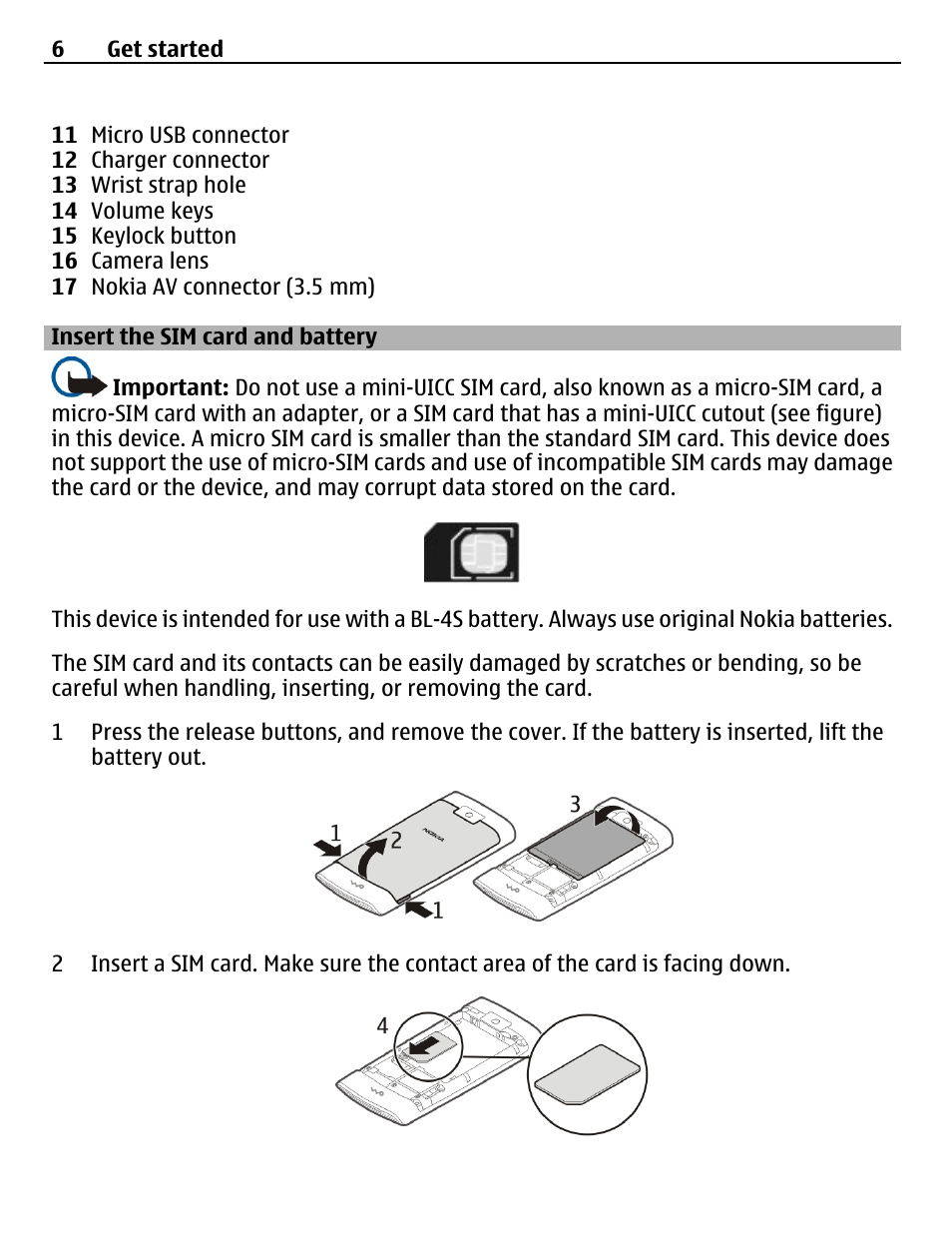 Insert the sim card and battery | Nokia X3-02 User Manual | Page 6 / 63