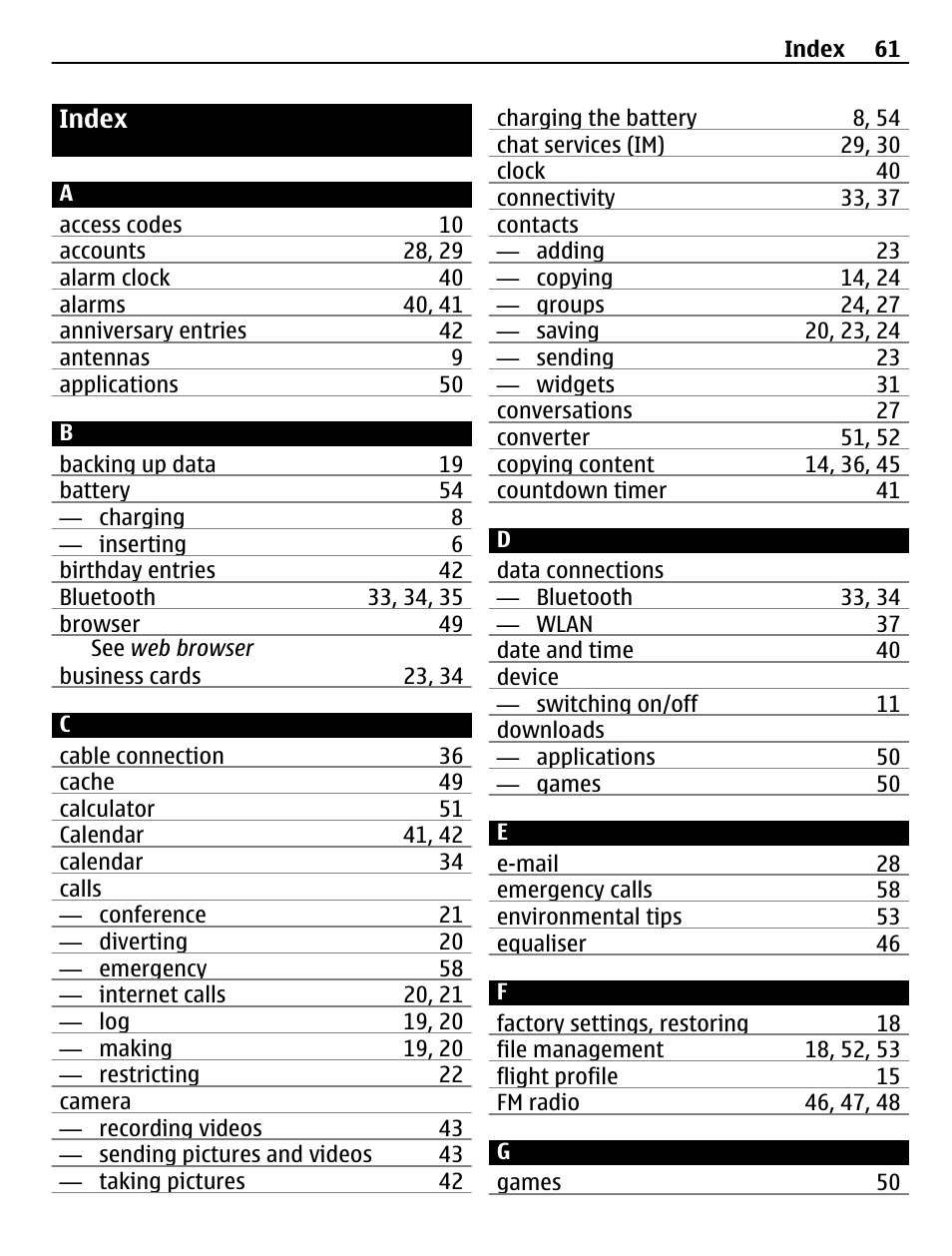 Index | Nokia X3-02 User Manual | Page 61 / 63