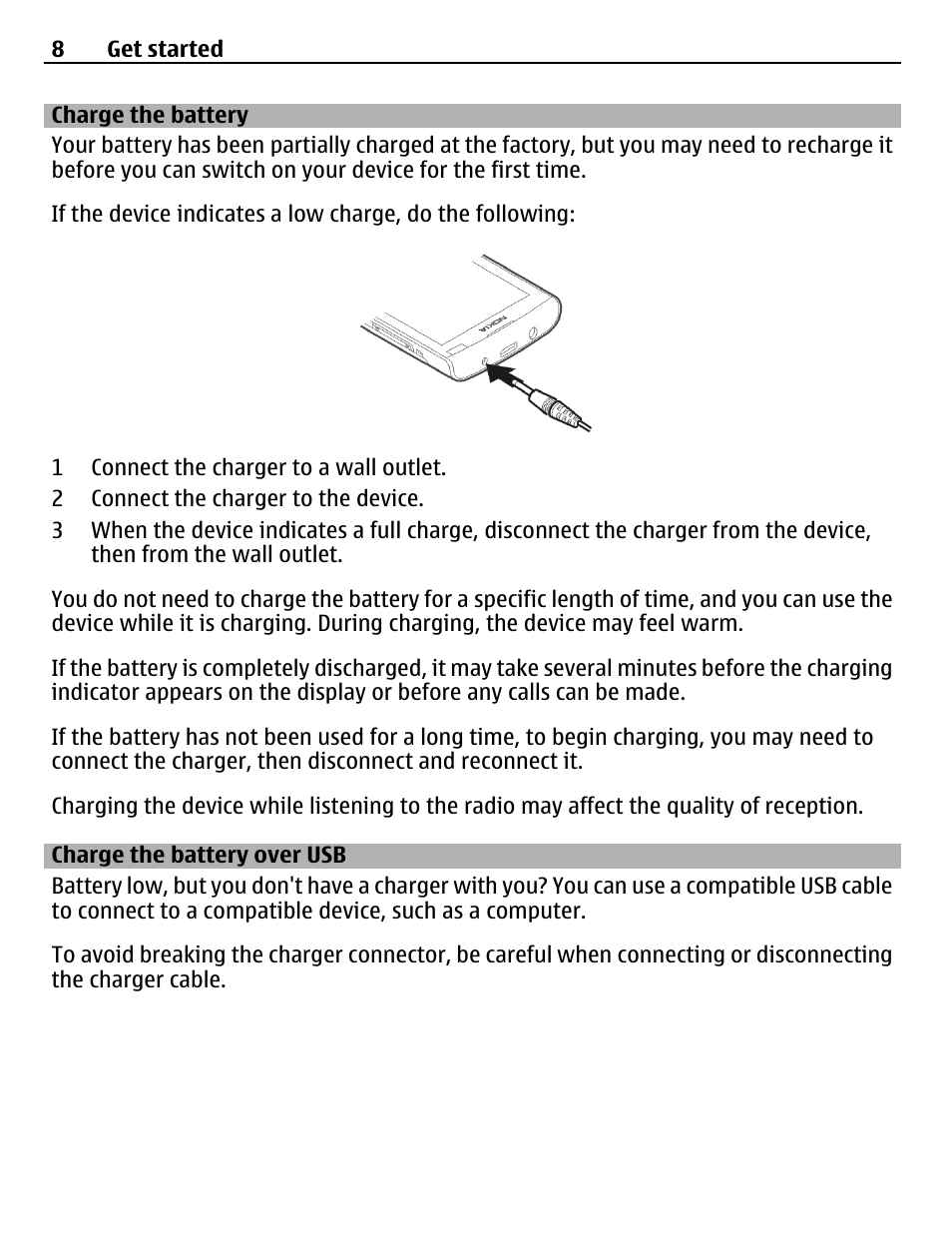 Charge the battery, Charge the battery over usb | Nokia X3-02 User Manual | Page 8 / 63