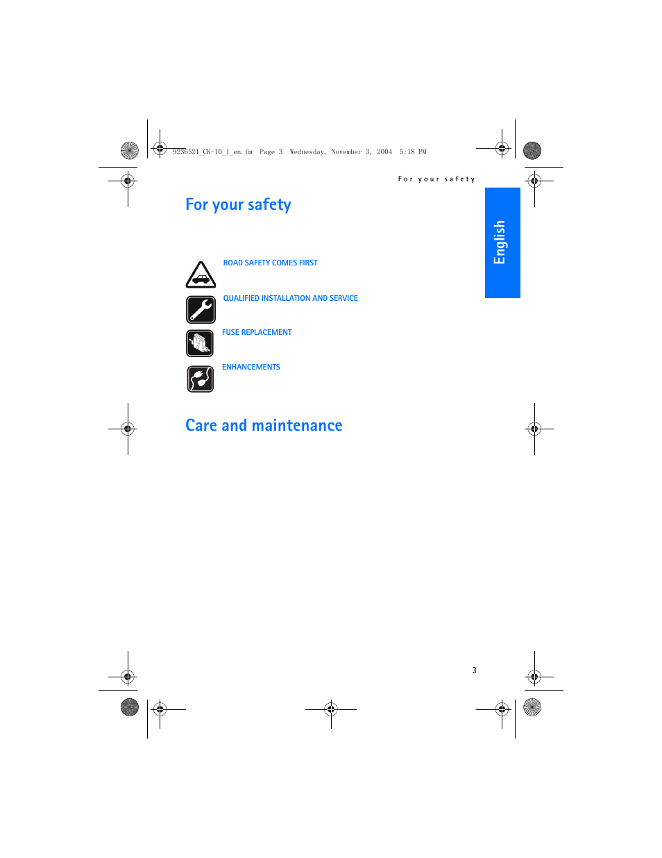 For your safety, Care and maintenance, English | Nokia CK-10 User Manual | Page 3 / 14