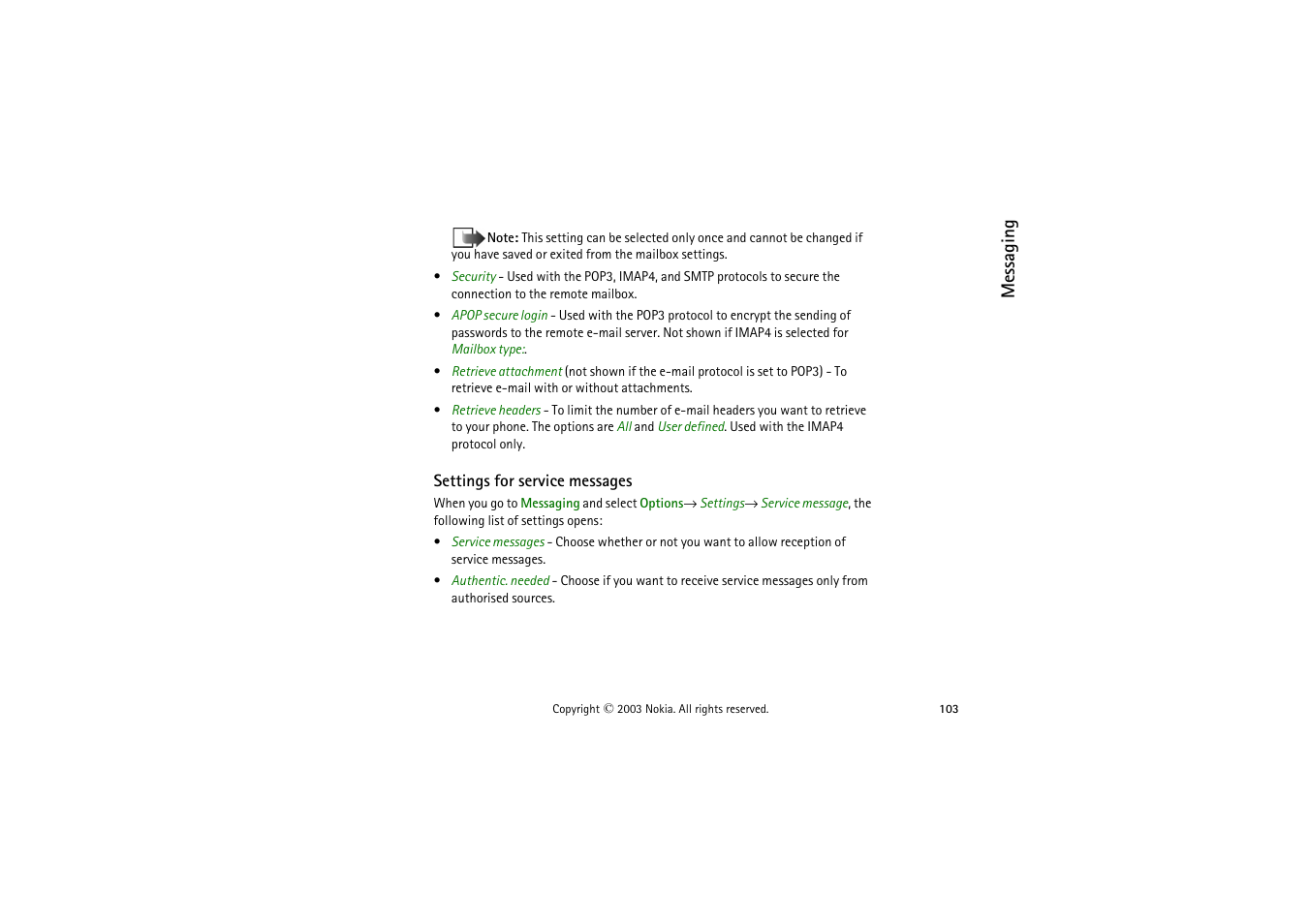 Settings for service messages | Nokia 9362065 User Manual | Page 103 / 205