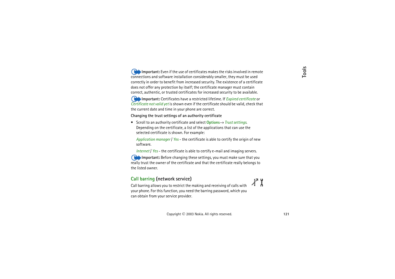 Call barring, Call barring (network service) | Nokia 9362065 User Manual | Page 121 / 205